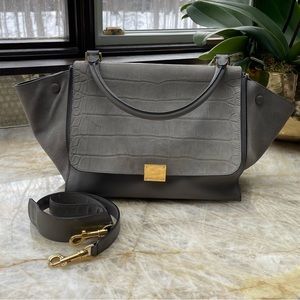 Authentic Celine Embossed Medium Trapeze Tote Gray with GHW